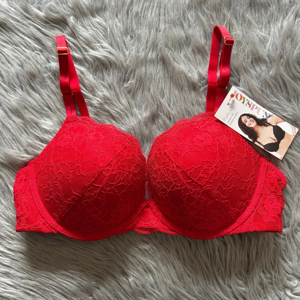 Joyspun Push Up Bra Women Size 36C Red Floral Lace Padded Underwire Back Closure